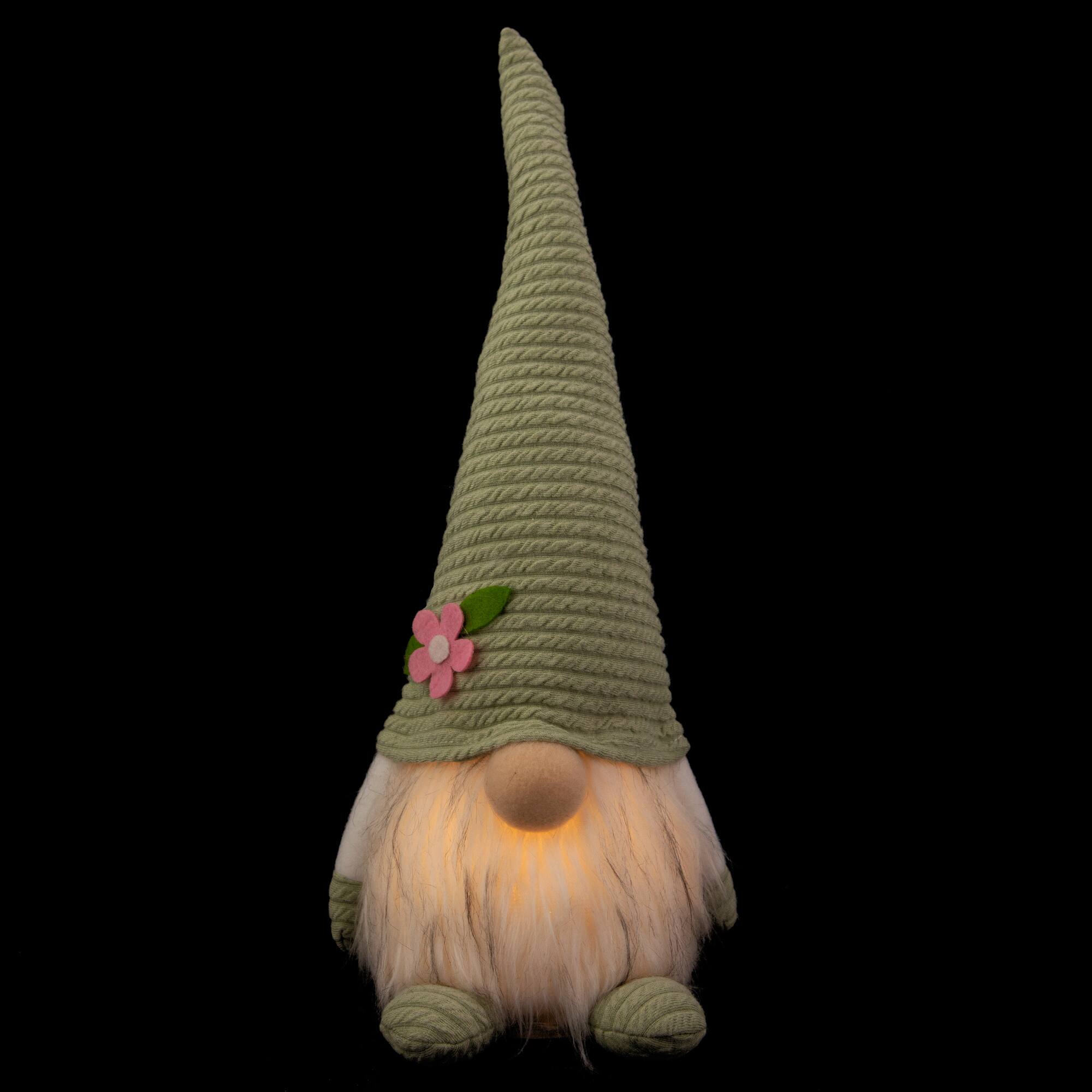 12" Lighted Green Spring Gnome with Flower Hat